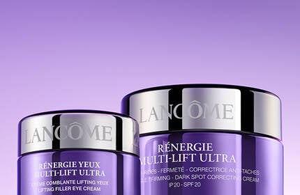 Productos de la linea Renergie de Lancome para el cuidado de la piel, mostrados en un formato movil con enfasis en la accion reafirmante.