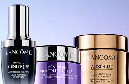 Productos para el cuidado de la piel Lancome, mostrando una variedad de tratamientos para una piel radiante.