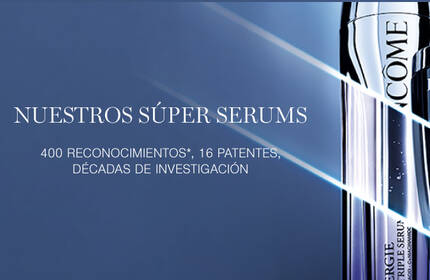 Banner promocional de Lancome con una seleccion de productos destacados en un ambiente elegante y moderno.