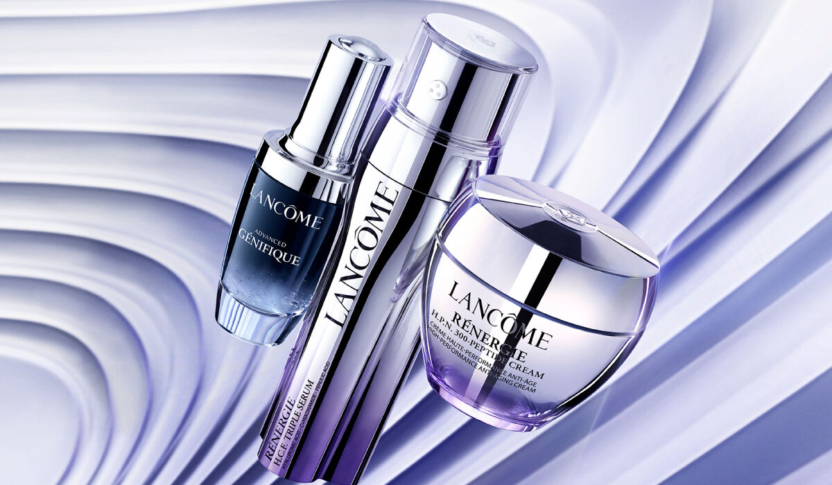Tratamientos faciales Lancome, presentados en una seleccion de productos esenciales para el cuidado de la piel.