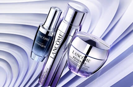 Tratamientos faciales Lancome, presentados en una seleccion de productos esenciales para el cuidado de la piel.